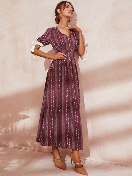 

ditsy floral knot cuff a-line dress 90jm#, Black;gray