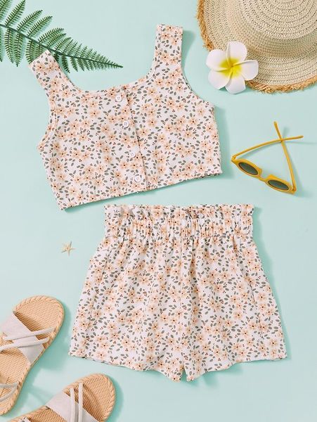 

girls allover floral print tank & paperbag waist shorts she, White
