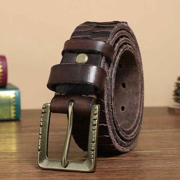 Cinture Rame puro Fibbia ad ardiglione Moda in pelle Cintura retrò Uomo Segni di coltello Ispessito Primo strato Pelle bovina Tendenza Cintura per il tempo liberoCinture CintureCinture