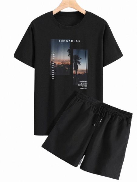 

men coconut tree & slogan graphic tee & drawstring waist shorts j6mz#, Gray