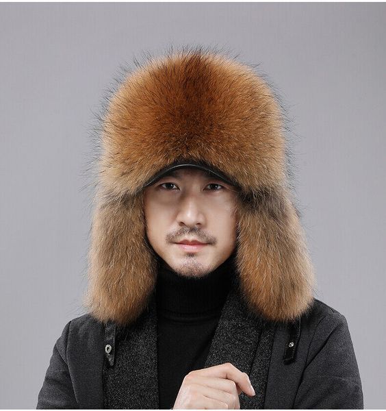 

men's real fox raccoon fur trapper hat real sheepskin cap ear flaps ushanka, Blue;gray