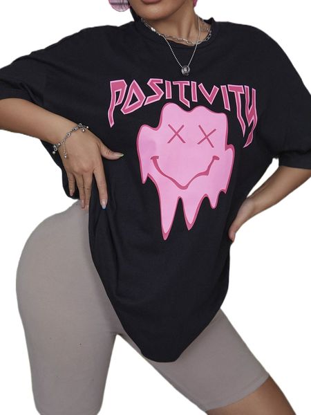 

sxy letter & smile face print drop shoulder tee h7b3#, White