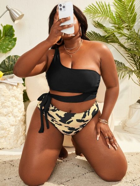 

plus allover print knot side bikini swimsuit t7fd#, White;black