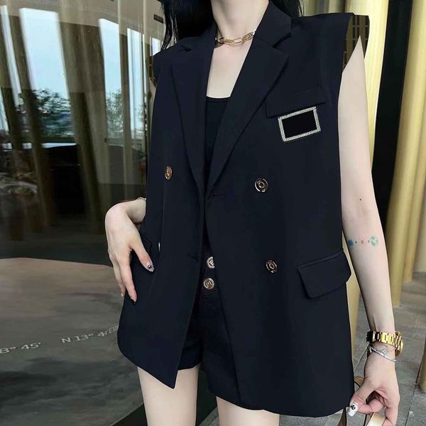 

trendy suit vests jackets gold button slim fitting sleeveless blazers women letter printed inner lining jacket, White;black