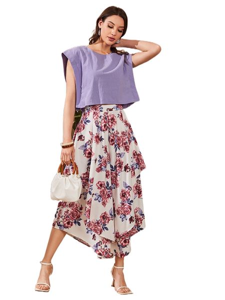 

batwing sleeve tank and floral print skirt set l8s8#, White