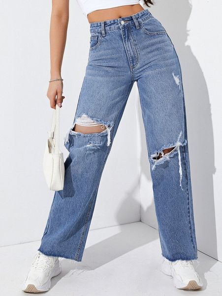 

ripped cat whisker straight leg jeans r4oz#, Blue