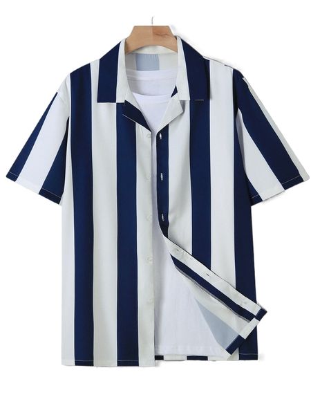 

men 1pc striped button through shirt z9ti#, White;black