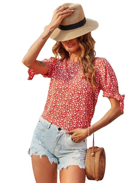 

ditsy floral knot cuff blouse i2nw#, White