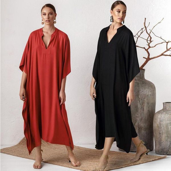 Mutade feminina 2022 Sexy V Neck Black Beach Coverning Up Plus Size Dress Tunic Pareos para mulheres Concobrições de maiô Wear Kaftan