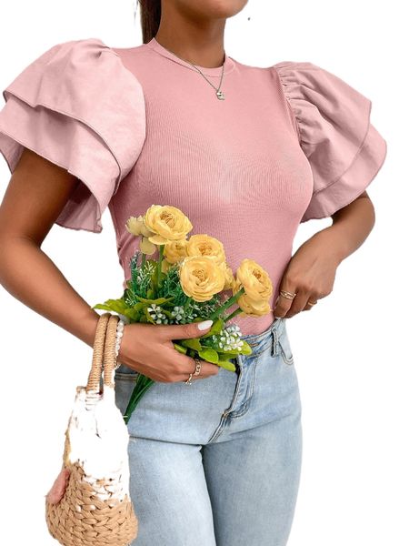 

ribbed knit butterfly sleeve tee r8e6#, White