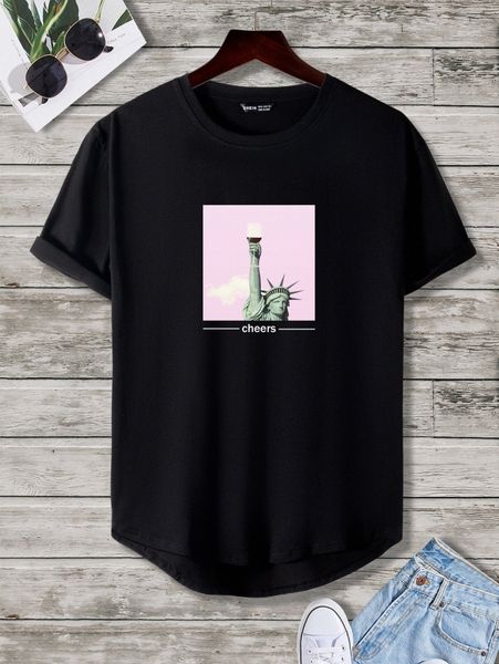 

men statue of liberty & letter graphic high low hem tee c7r4#, White;black