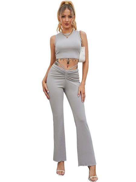 

solid tank & tie back pants set 07kq#, White