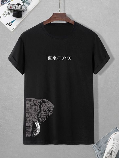 

men elephant & japanese letter graphic tee y0z9#, White;black