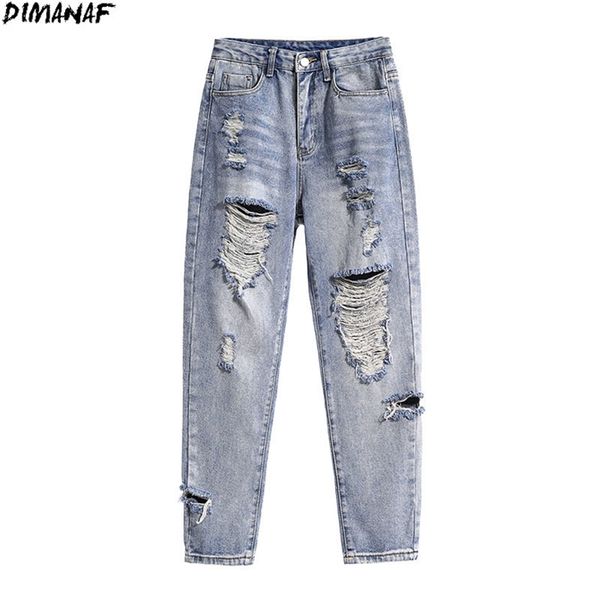 Dimanaf plus size size calça jeans Hole Moda de jeans de altura harém fêmea rasgada bolsos azuis calças de tamanho grande S-5xl 210302