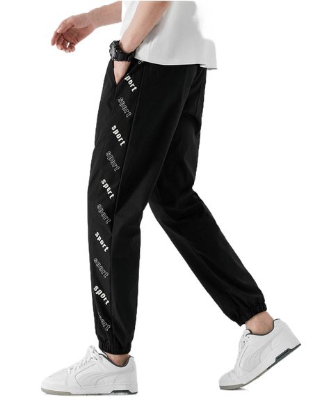 

men letter graphic drawstring waist pants 941j#, Black