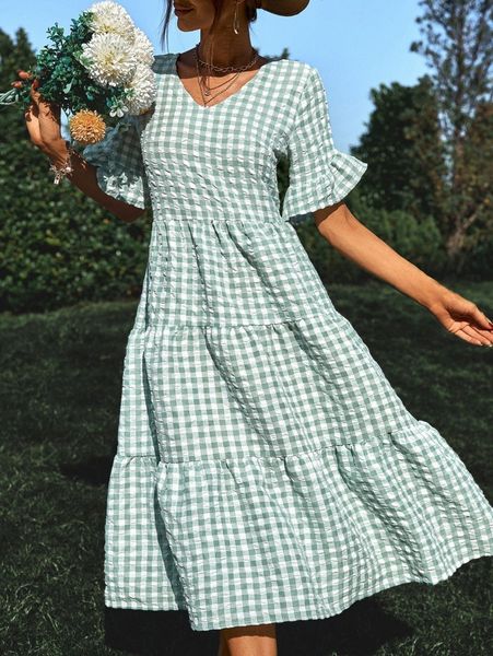 

gingham print flounce sleeve ruffle hem dress d2hh#, Black;gray