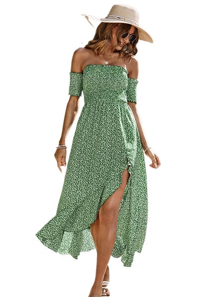 

ditsy floral shirred off shoulder ruffle asymmetrical hem dress 92hv#, Black;gray