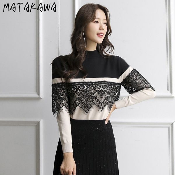 

slim sweater women loose spring contrast lace stitching woman sweaters oneck pullover 210506, White;black