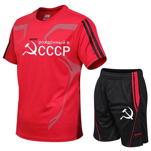 Verão nascido na URSS Foice e Martelo Cccp Rússia Camiseta Homens Manga Curta Camiseta Shorts Tees Tops Secagem Rápida 2 Peça Set 220616