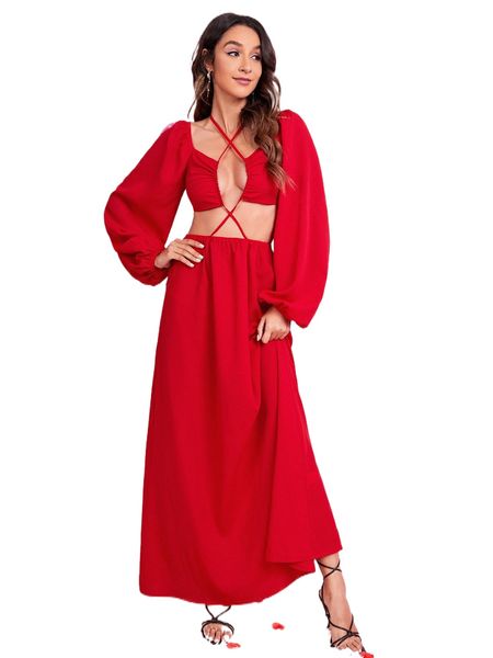 

crisscross cut-out tie back lantern sleeve dress l7sa#, Black;gray