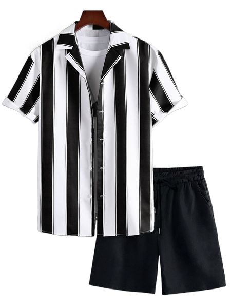 

men random color block striped shirt & shorts without tee r4r7#, Gray