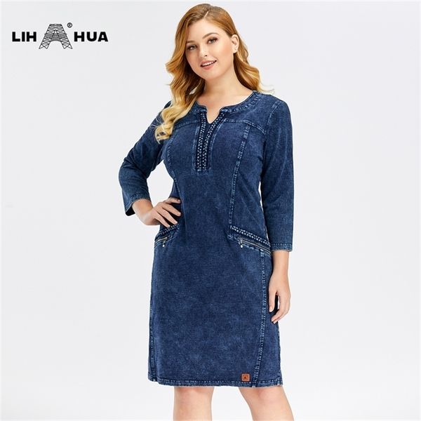 

lih hua women's plus size denim dress elasticity knitted denim dresses slim fit casual dress shoulder pads midi dress 210303, Black;gray