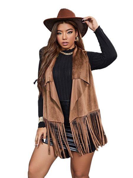 

plus waterfall collar fringe hem suede vest coat o4ae#, Black