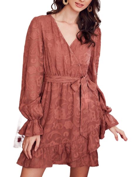 

surplice neck flounce sleeve belted dress 52r5#, Black;gray