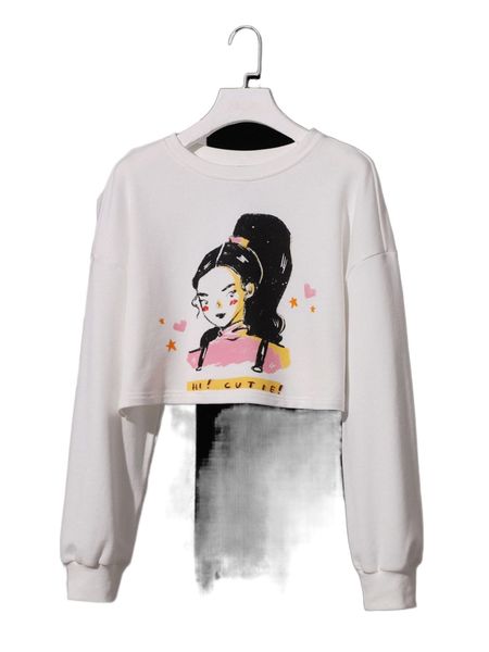 

x vanillalaart drop shoulder letter & figure graphic pullover i2ws#, Black