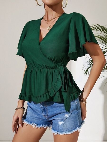 

solid ruffle trim butterfly sleeve wrap blouse y7vp#, White