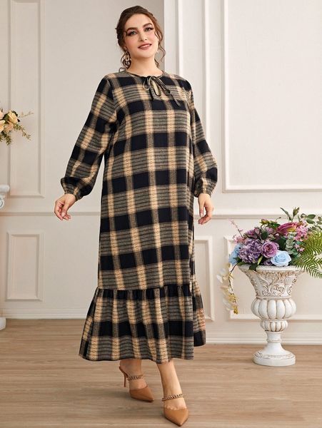 

plus plaid lantern sleeve ruffle hem tie neck smock dress b6uo#, Black
