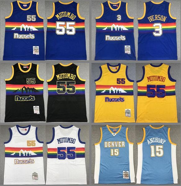 Maglie di pallacanestro caldo Dikembe Mutombo # 55 Allen Iverson # 3 Anthony # 15 Jersey