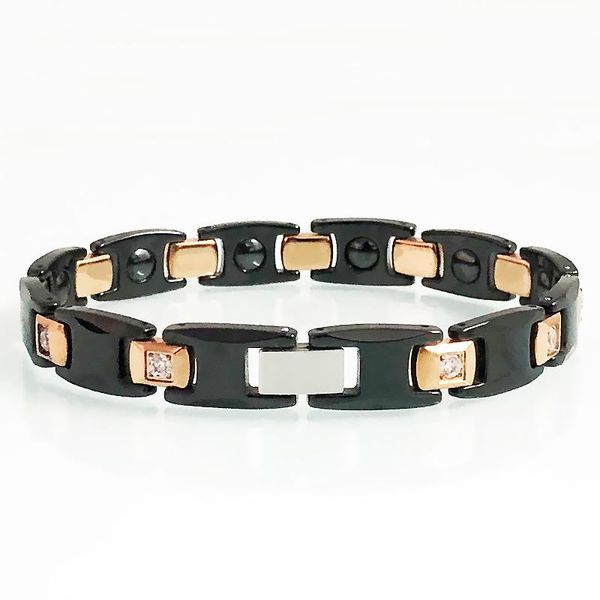 Coppia di catene a maglie Bracciale in ceramica nera Bracciale magnetico per energia da donna Intarsio di cristalli in oro rosa Gioielli da uomo Homme Armband Lover