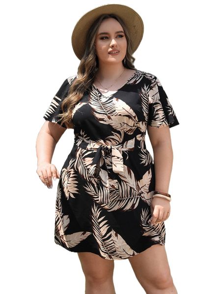 

emery rose plus tropical print flutter sleeve belted dress a47e#, Black