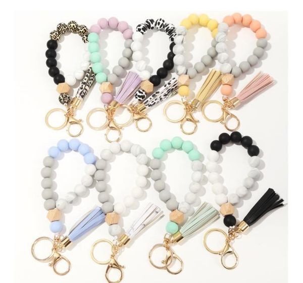 

9 colors wooden tassel bead string bracelet keychain food grade silicone beads bracelets women girl keyring wrist strap