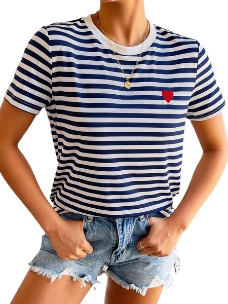 

frenchy striped print heart embroidery tee c15b#, White