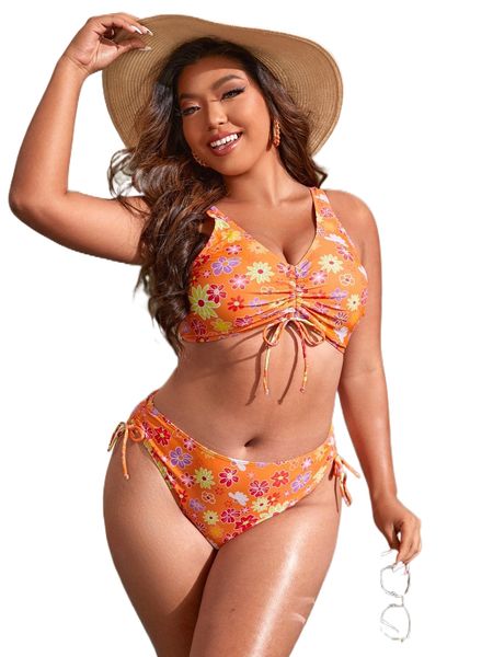 

plus floral drawstring bikini swimsuit 52k0#, White;black