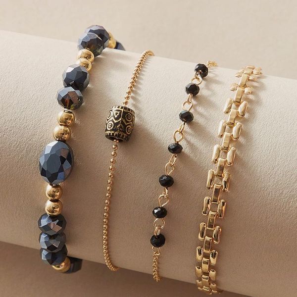 

charm bracelets huatang boho black beaded elastic bracelet set for women multilayer geometric gold chain female adjustable cuff jewelry puls, Golden;silver