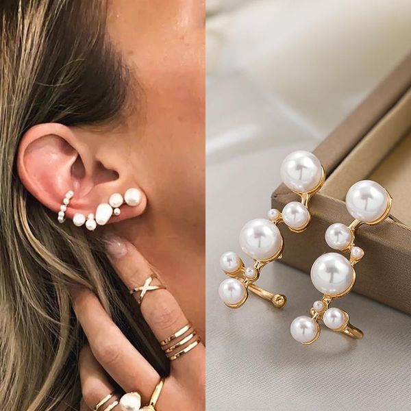 

clip-on & screw back elegant white simulated pearls clip earrings charm big small round metal piercing climber ear cuffs for women jewelry, Silver