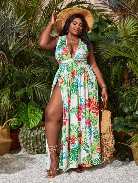 

sxy plus tropical print crisscross back split thigh belted dress p4td#, Black