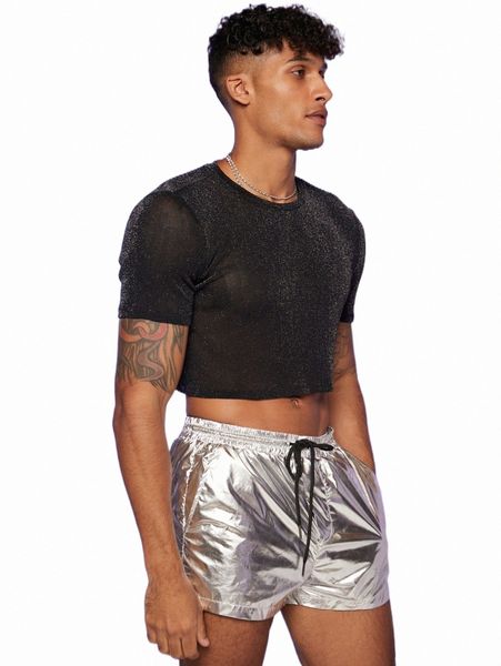 

men glitter crop tee & drawstring waist shorts p49m#, Gray