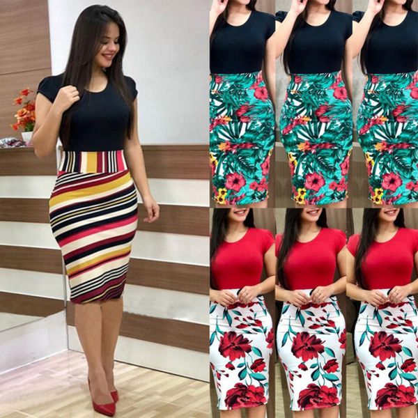 

summer printed office midi pencil large bodycon bandage dres clothing ns9018 y200418, Black;gray