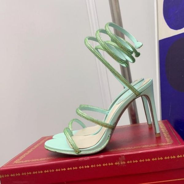 

rene caovilla cleo open toe sandals crystal embellished spiral snake tail sandals twining rhinestone sandal women 10cm light green stiletto, Black