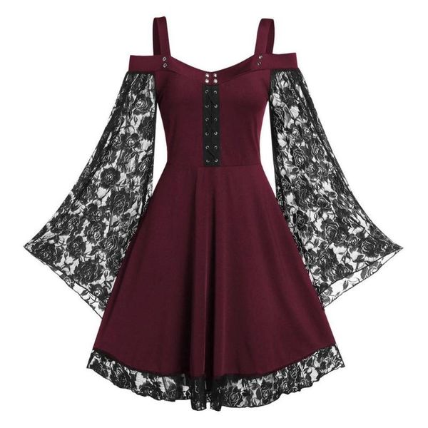 

women's swimwear women dresses gothic vintage cold shoulder lace flared sleeve waist tight bandage dress for halloween plus size vestid, Black;gray