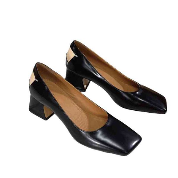 

dress shoes spring summer thick heel single genuine leather shoes square toe women's high heel retro fashion shallow mouth, Black