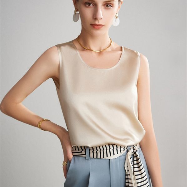 

suyadream women basic cozy tanks 100%real silk o neck sleeveless chic t shirt solid summer vests white pink beige 220423