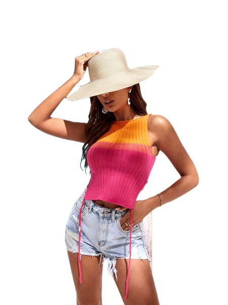 

two tone tie back crop sweater vest q6x8#, White;black