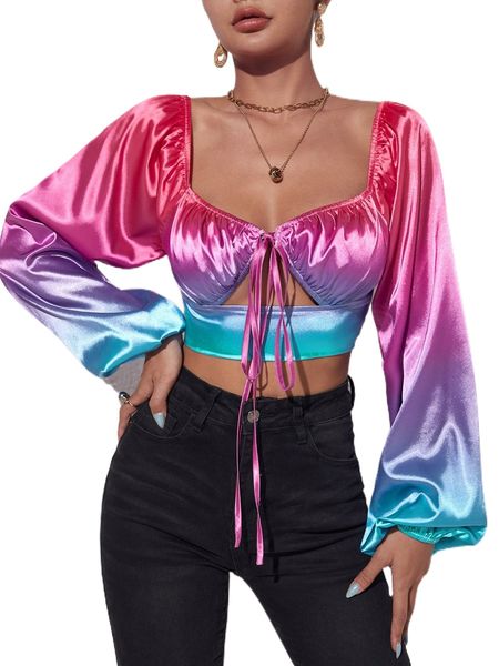 

sweetheart ombre tie front peekaboo front crop r45t#, White