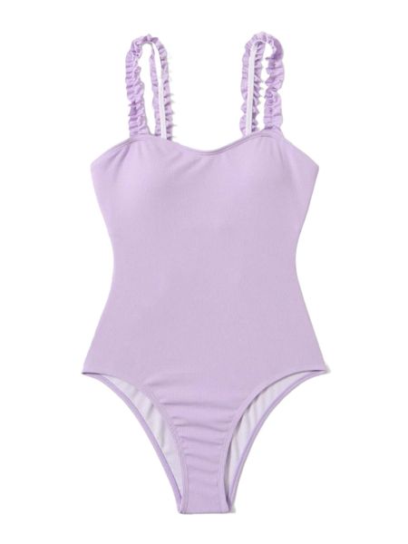 

rib frill trim lace up back one piece swimsuit q2ic#, White;black