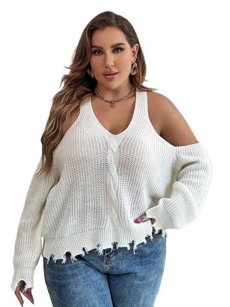 

plus cold shoulder cable knit distressed sweater c2bl#, Black